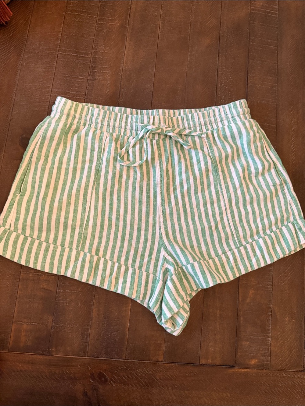 Universal Thread Green & White Striped High-Waist Drawstring Shorts